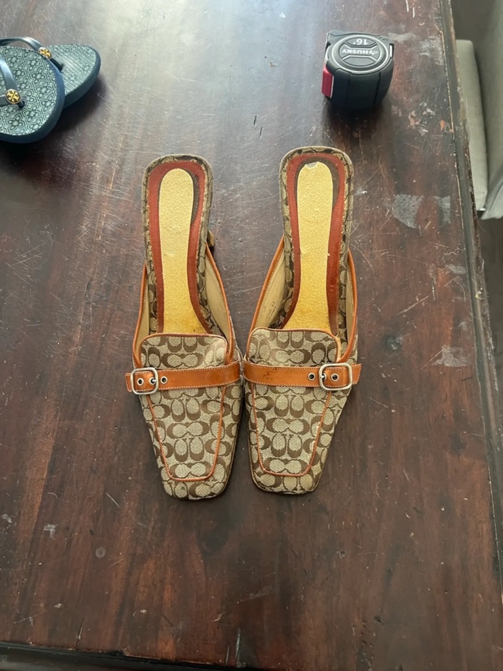 Coach Brown Signature Canvas Slip-On Mules with Tan Trim